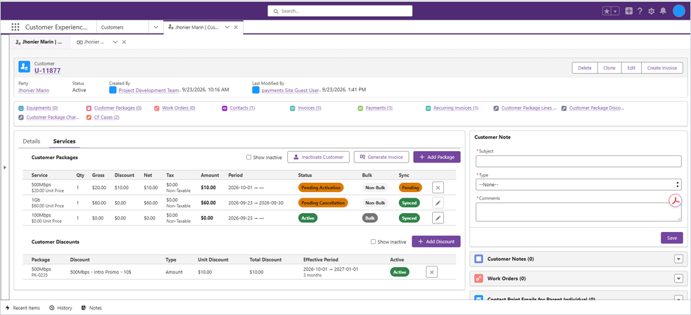 Vista general de la pestaña Services, con Customer Packages y Customer Discounts