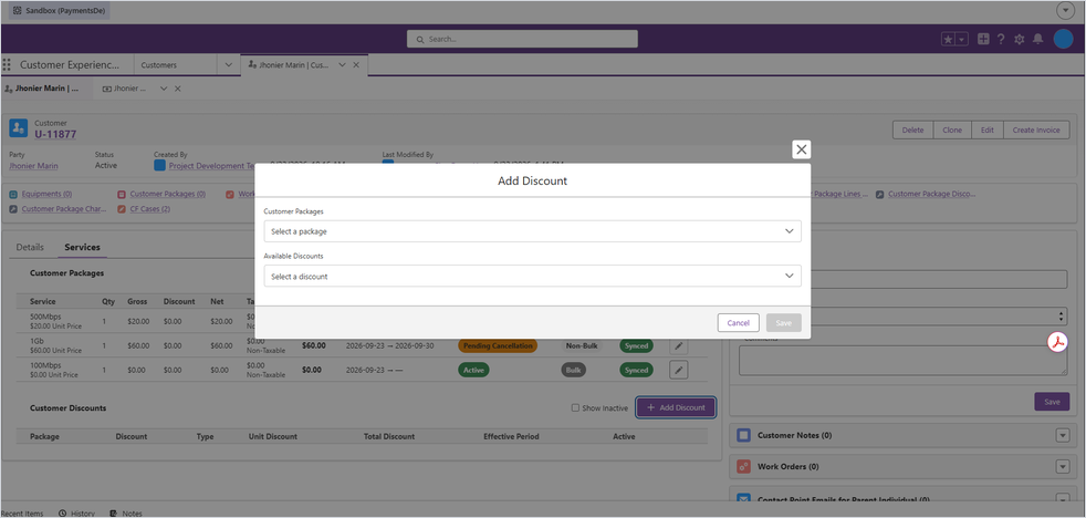 Modal Add Discount, selección de paquete y descuento disponible