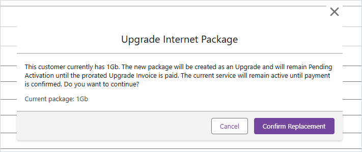 Modal de confirmación de Upgrade de Internet