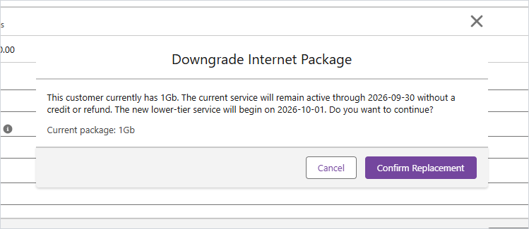 Modal de confirmación de Downgrade