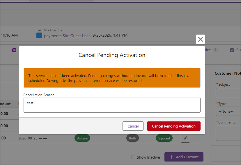 Modal de Cancel Pending Activation
