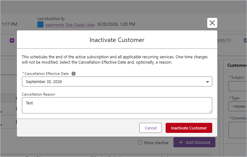 Modal de Inactivate Customer, con selector de fecha y razón
