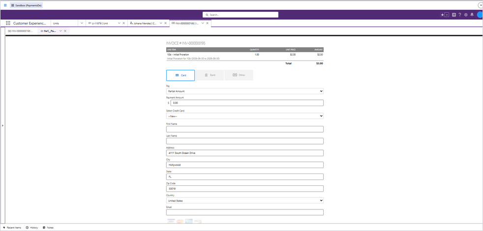 Pantalla de pago de un Invoice, con la opción Partial Amount seleccionada