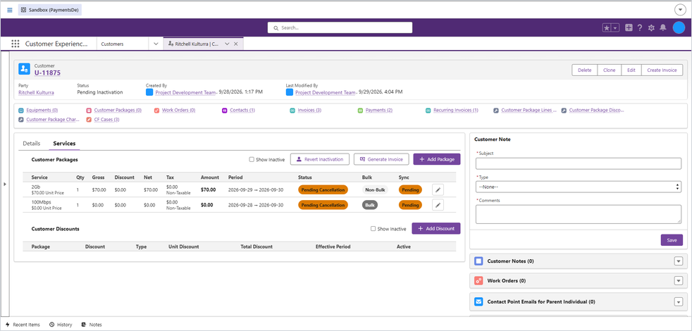 Resultado: ambas líneas en Pending Cancellation tras Inactivate Customer
