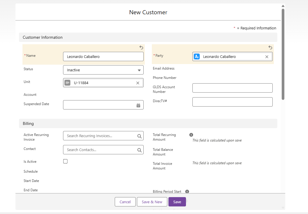 Formulario New Customer con Name, Party, Status y Unit