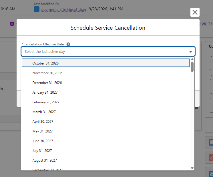 Desplegable de Cancellation Effective Date con los fines de mes disponibles